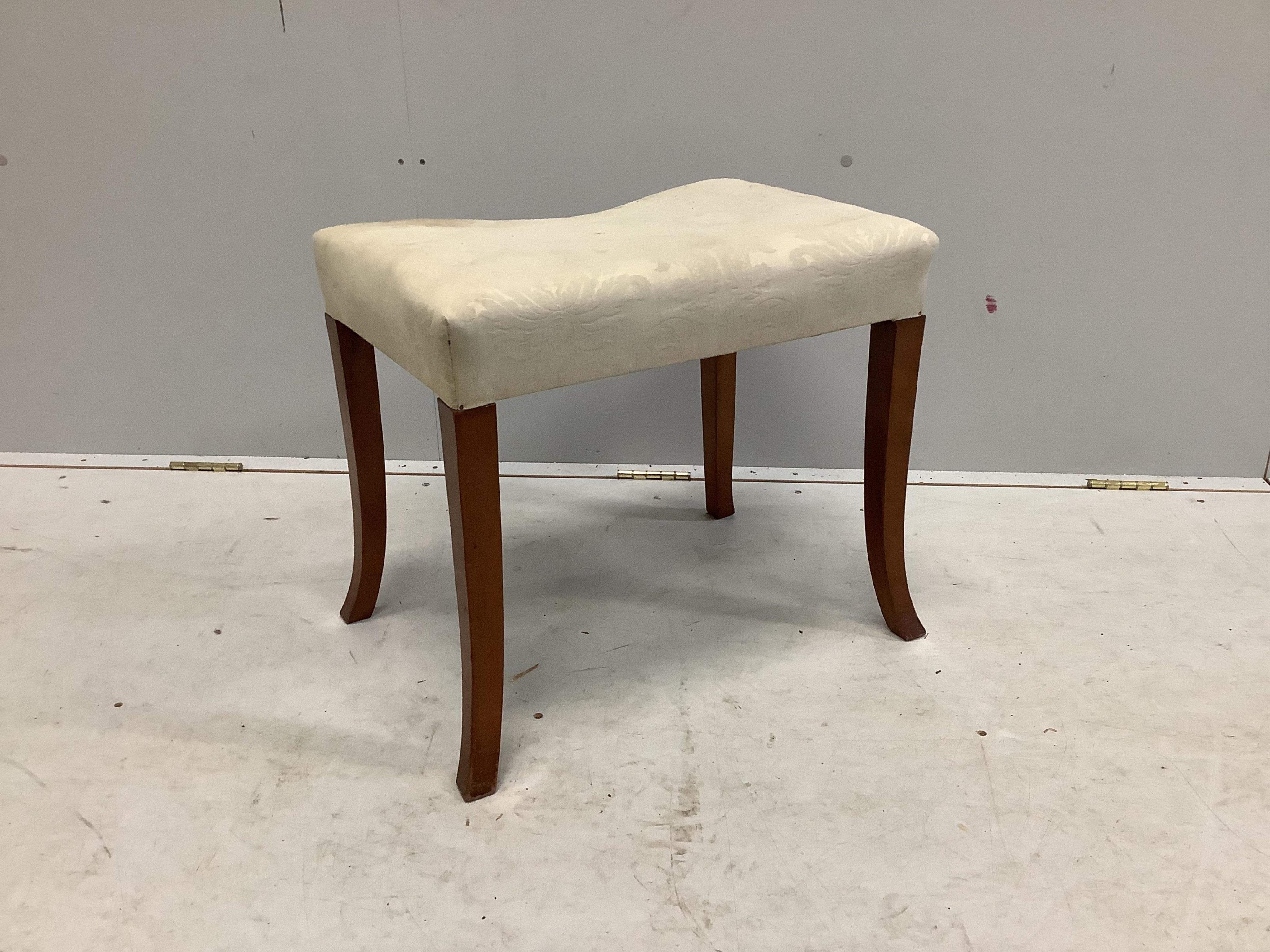 A mahogany dressing stool with square splayed legs and an overstuffed seat covered in green damask, a mahogany standard lamp, bedside cabinet and tripod table. Condition - poor to fair